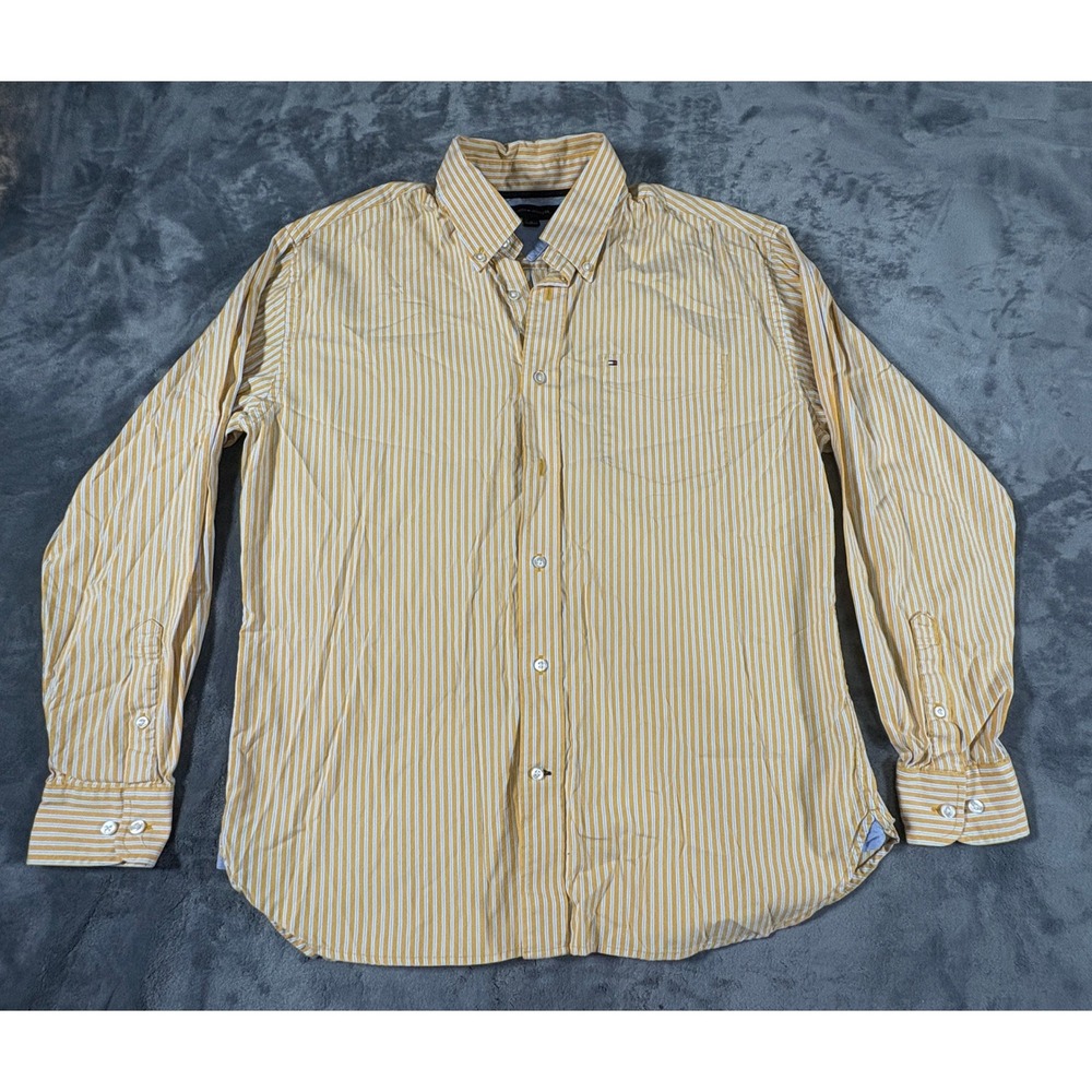 Tommy Hilfiger Mens Striped Button Down Shirt M Yellow White Cotton Logo Pocket